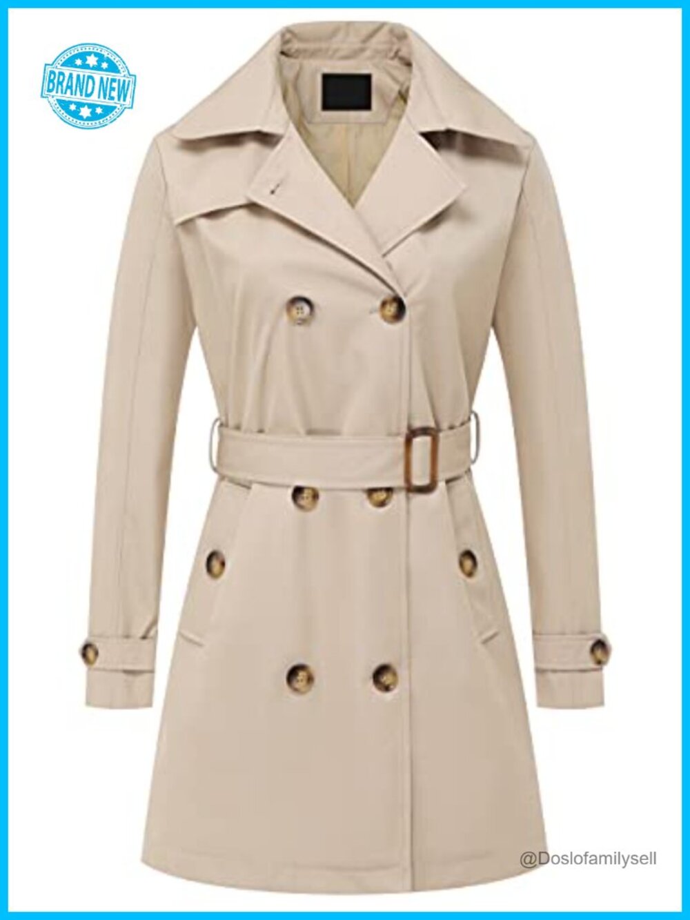 Women's Double Breasted Trench Coat Mid-Length Belted Overcoat with Detachable